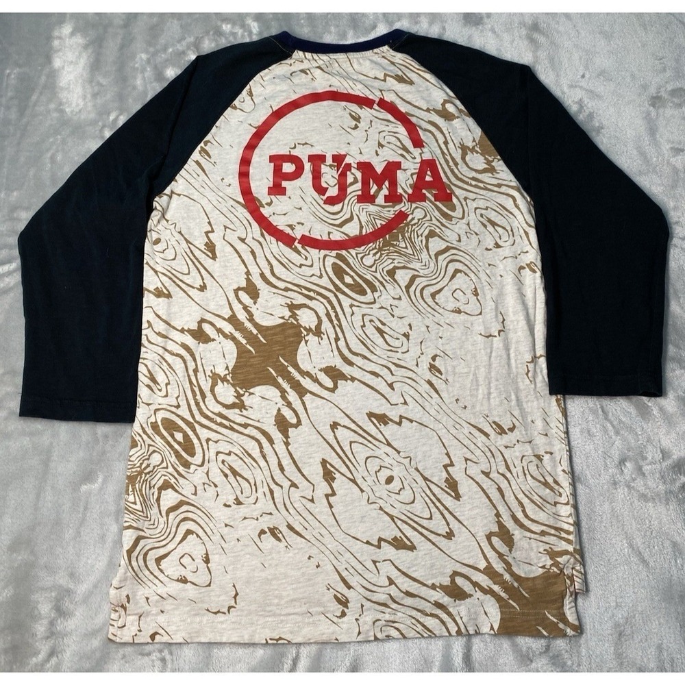 Puma 3/4 Sleeve Raglan Baseball T-Shirt Mens Medium Cream Navy Woodgrain Athlete - Picture 1 of 7